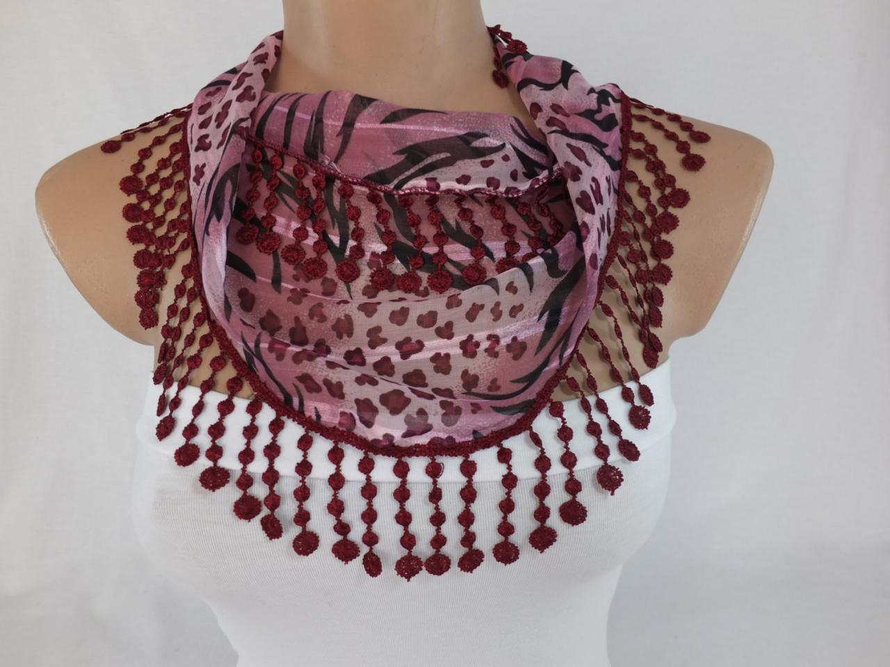 Burgundy chiffon scarf, fashion scarf, cowl with lace flower trim,summer scarf, scarf necklace, foulard,scarflette,bandana