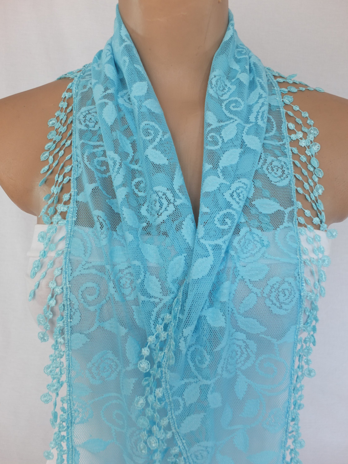 Light Blue Lace Scarf , Cowl With Lace Trim,summer Scarf, Neck Scarf, Foulard,scarflette,bandana