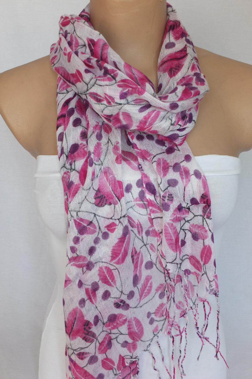 Pink Leaves Scarf , Floral Pink Scarf, Woman Fashion Scarf, Fabric Shawl, Beach Wrap,gift For Her