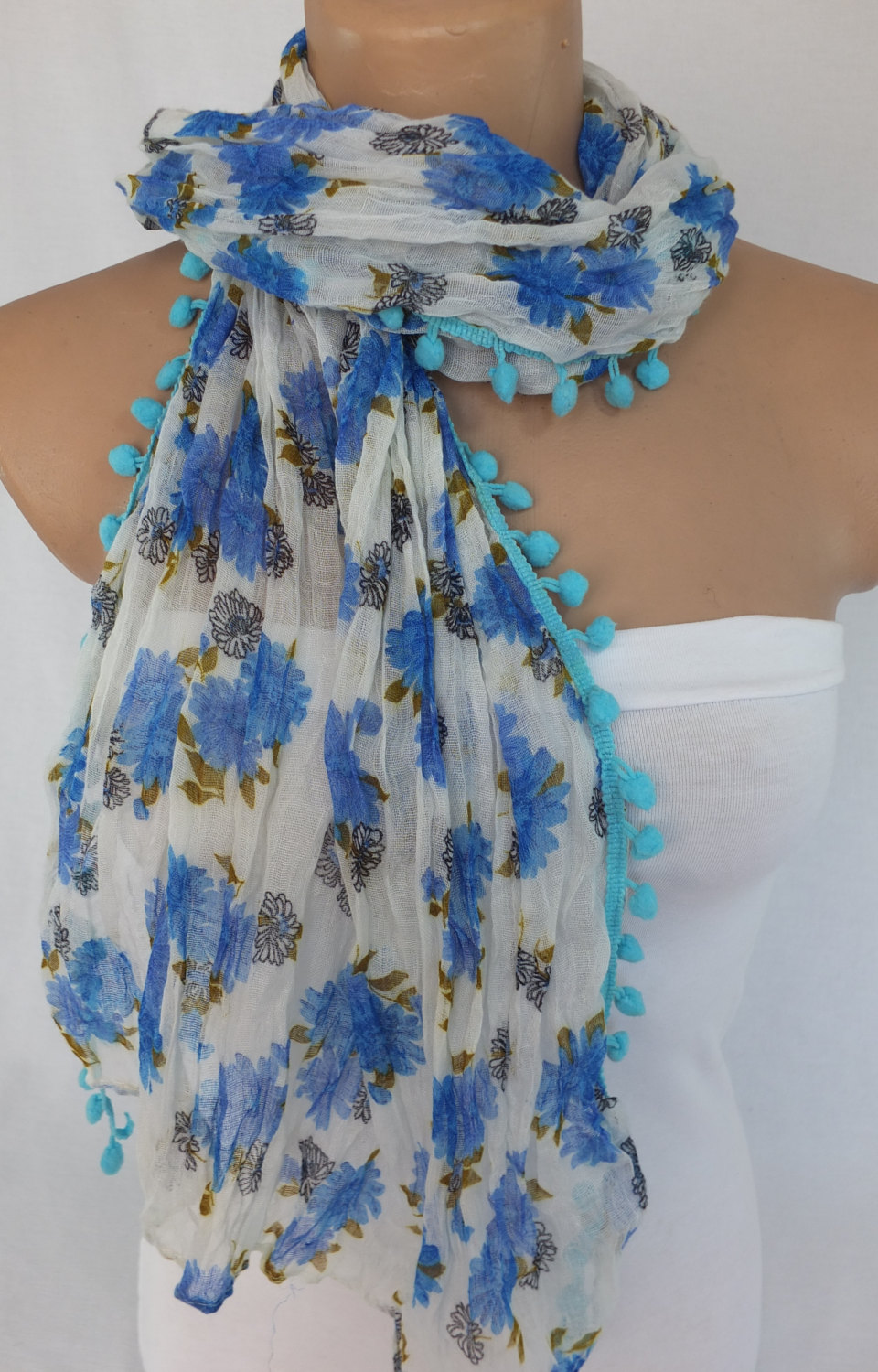 Blue Floral Scarf, Long Blue Scarf With Pompom Trim, Woman Fashion Scarf, Fabric Shawl, Beach Wrap,gift For Her