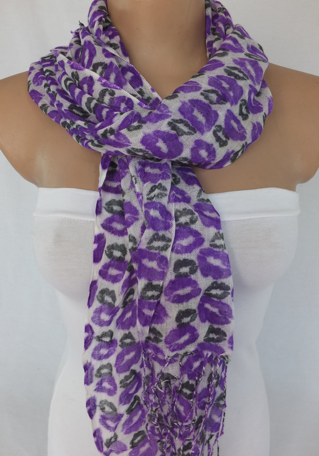 Purple scarf, lips printed scarf, long scarf woman fashion scarf, colorful scarf, fabric shawl, gift for her