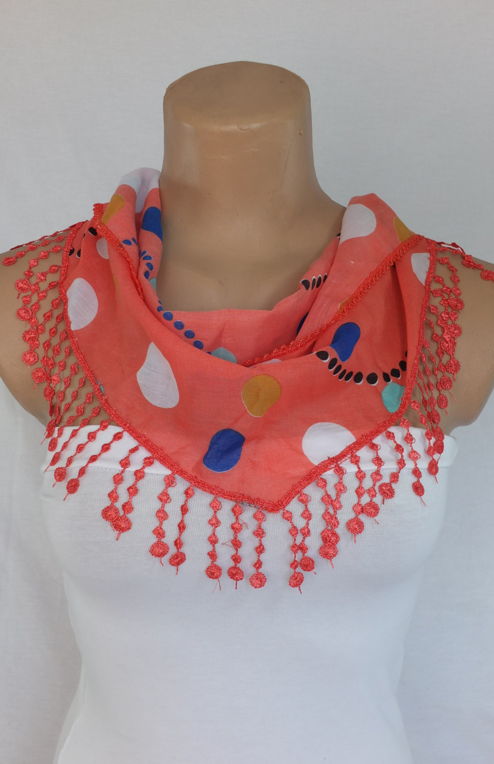 Red dots scarf,coral red fashion scarf, cowl with lace trim,summer scarf, bib scarf , foulard,scarflette,