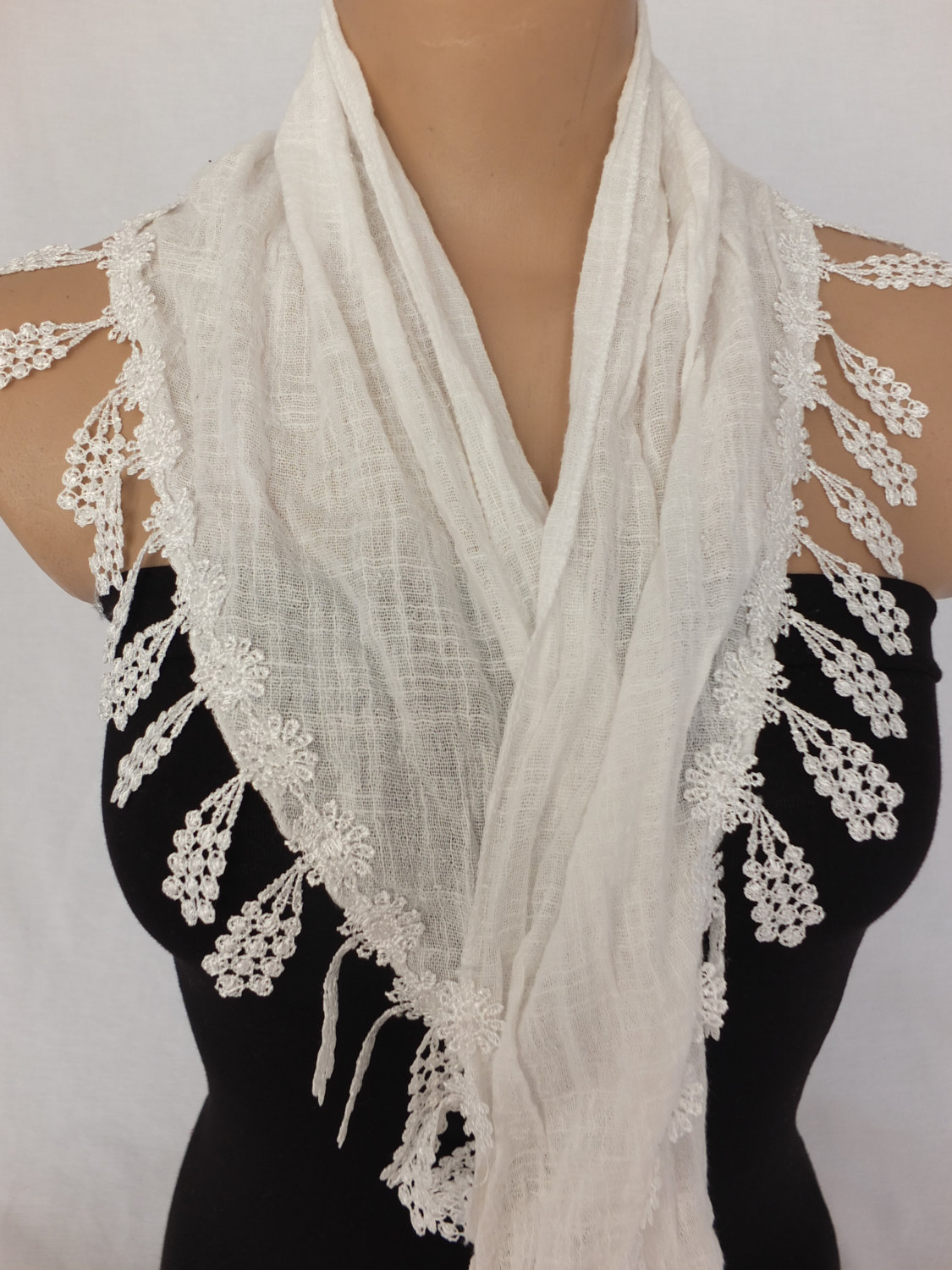 white cotton scarf, cowl with lace flower trim,womenfashion scarf,neckwarmer, foulard,scarflette
