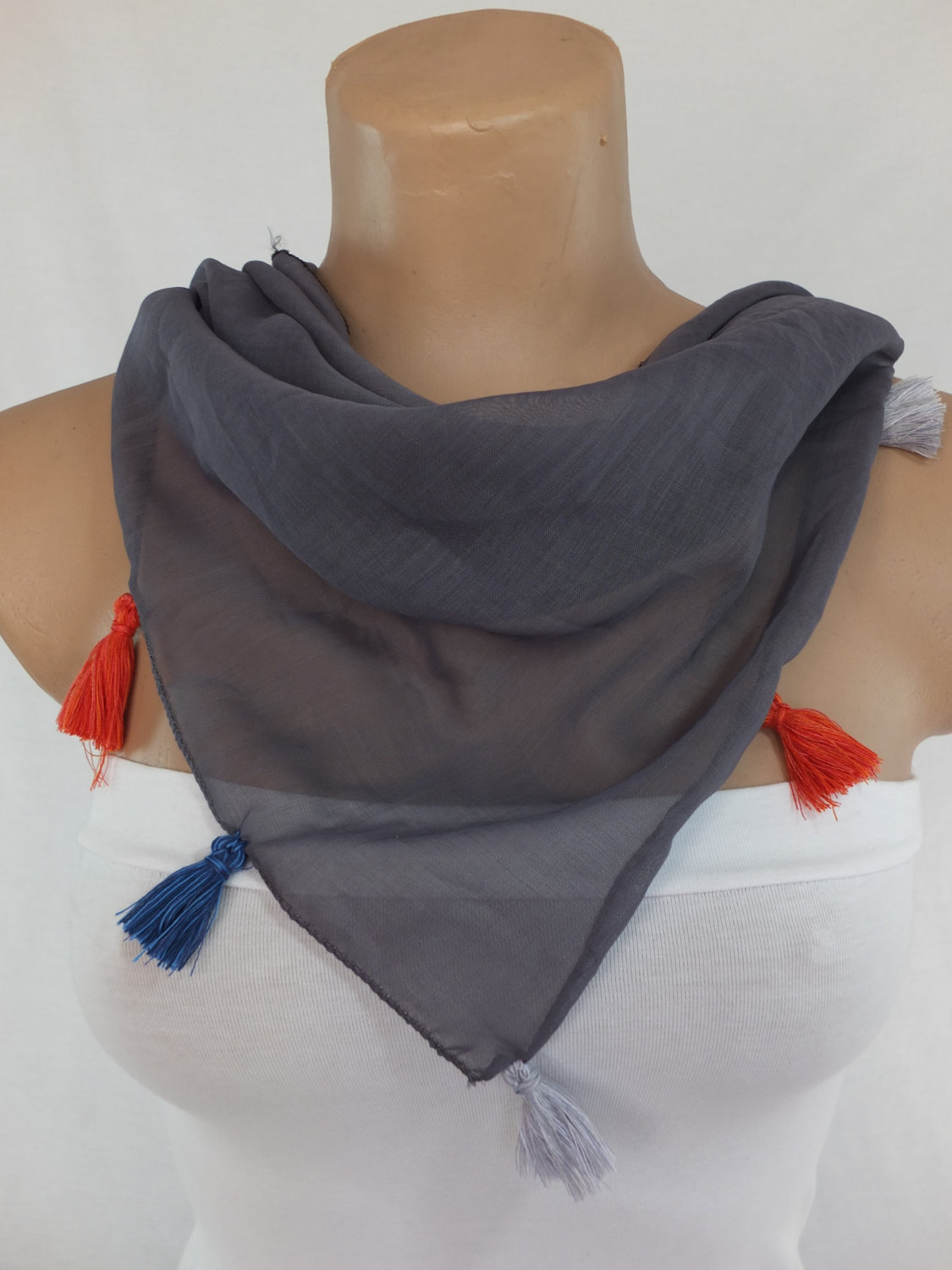 Gray chiffon scarf, Trendy fashion scarf, cowl with tassels ,women accessory,, scarf necklace, foulard,scarflette,