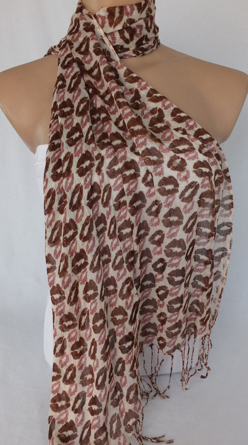 Brown Scarf, Lips Printed Scarf, Woman Fashion Scarf, Colorful Scarf, Fabric Shawl, Gift For Her