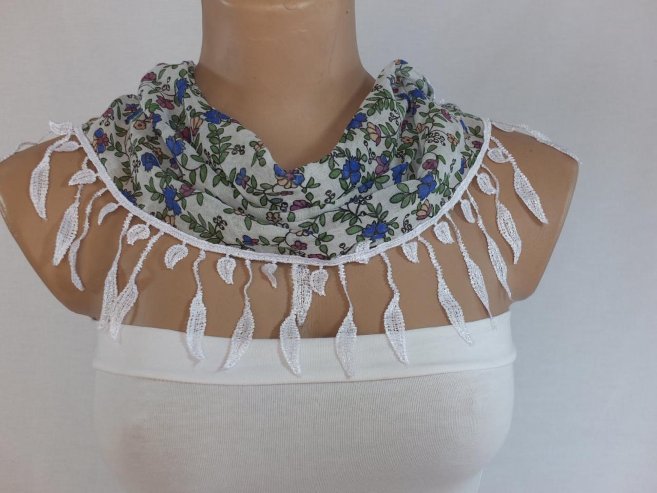 White Floral Cotton Scarf, Woman Fashion Scarf, Cowl With Lace Trim, Accessory,neckwarmer, Scarf Necklace, Foulard,scarflette,