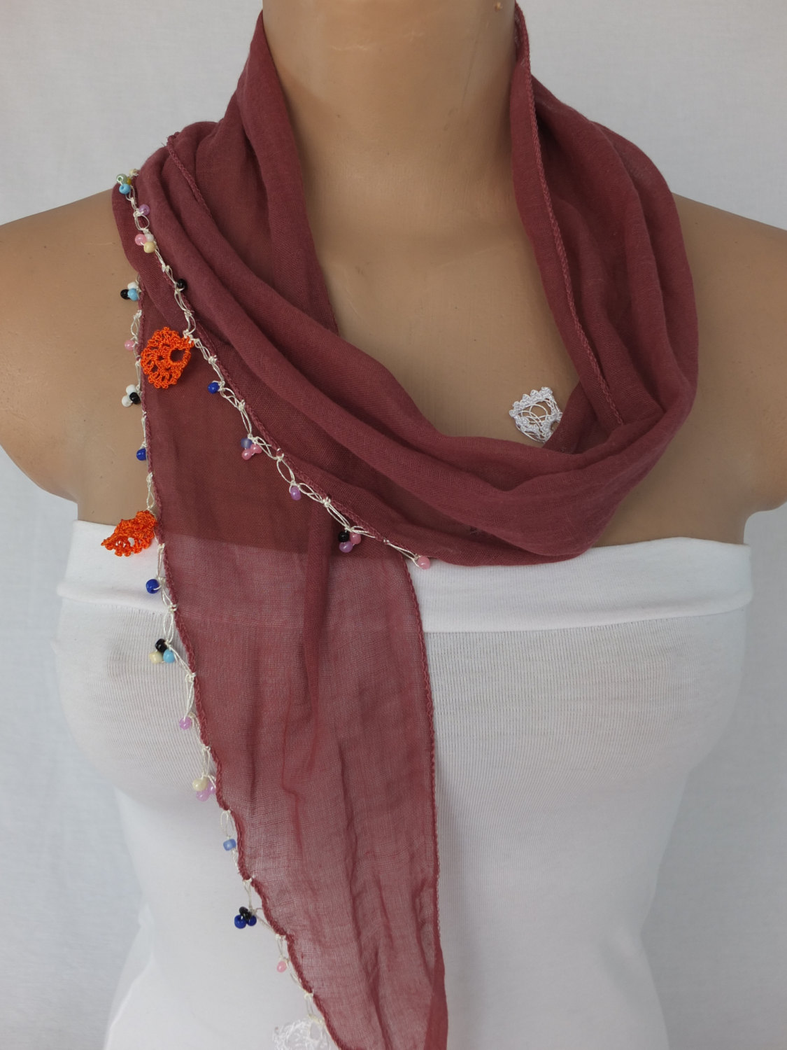 Cherry Color Scarf, Cotton Scarf With Bead And Crochet Flower Trim , Turkish Oya Scarf,scarf Necklace, Foulard,scarflette,