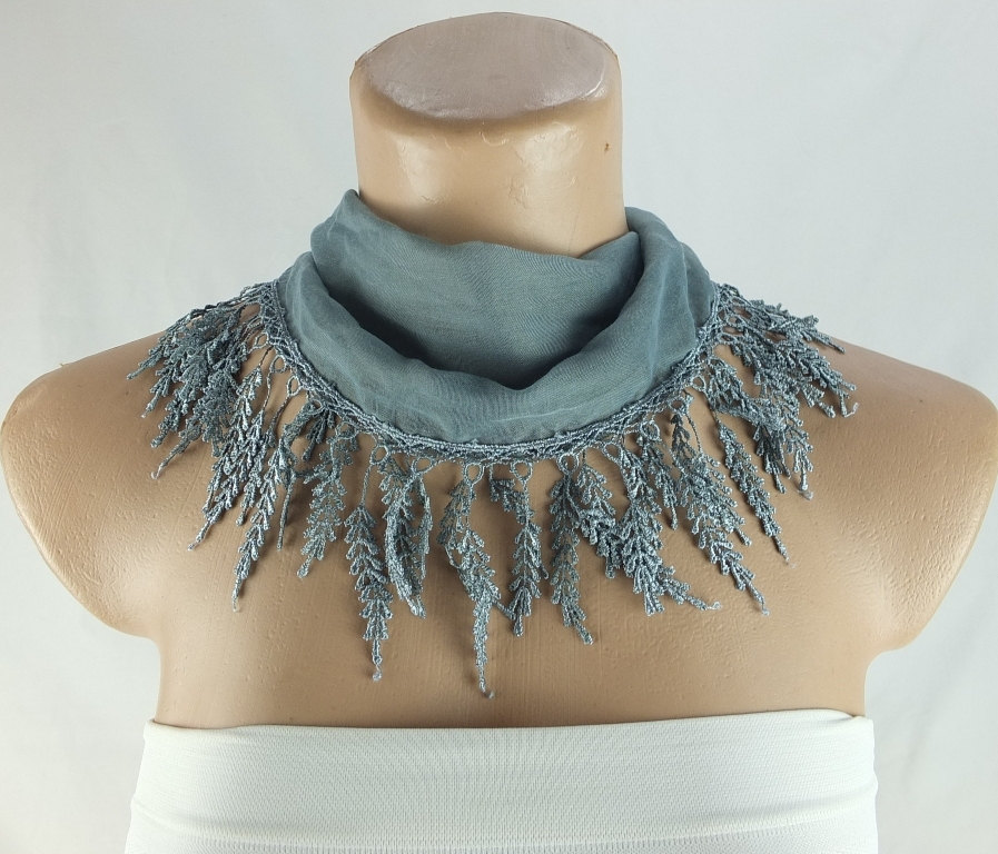 Blue Gray Scarf , Lace Trim Scarf, Fringed Scarf, Cotton Foulard, Neck Scarf, Cotton Foulard, Gift Ideas For Her