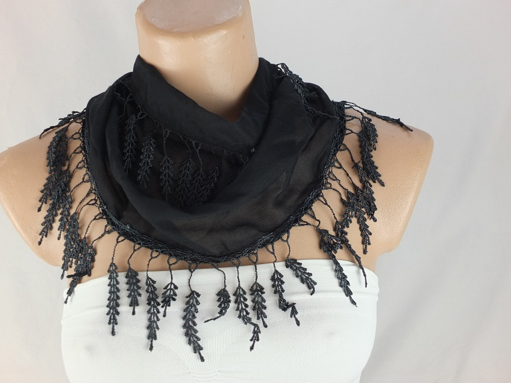 Black Cotton Scarf, Cowl With Trim,women Accessory,neck Scarf,neckwarmer, Scarf Necklace,red Foulard,scarflette, Gift