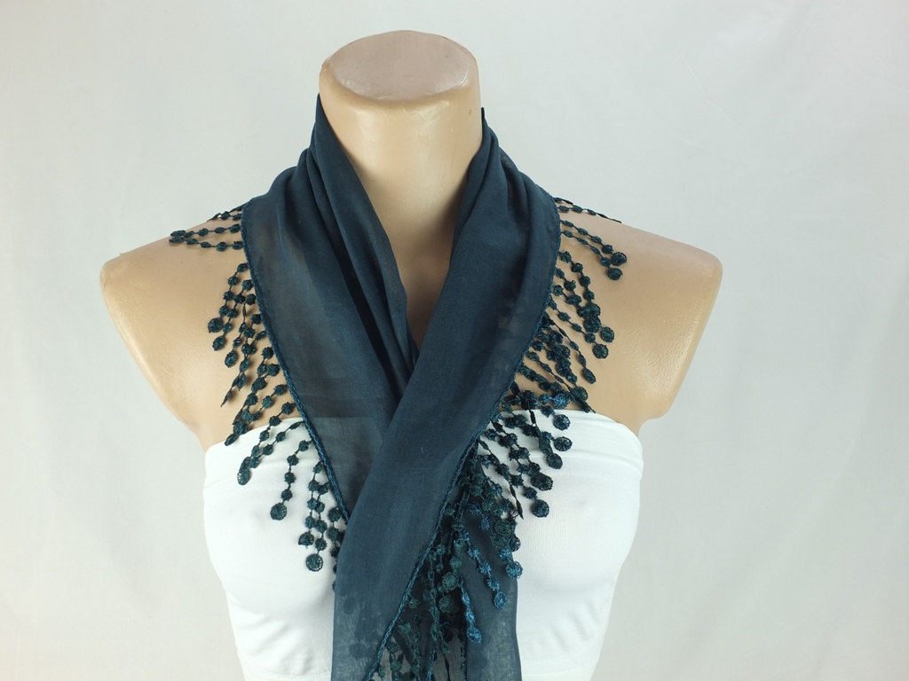 Dark green scarf, fashion scarf, cotton scarf, cowl with polyester trim,neckwarmer, scarf necklace, foulard,scarflette,
