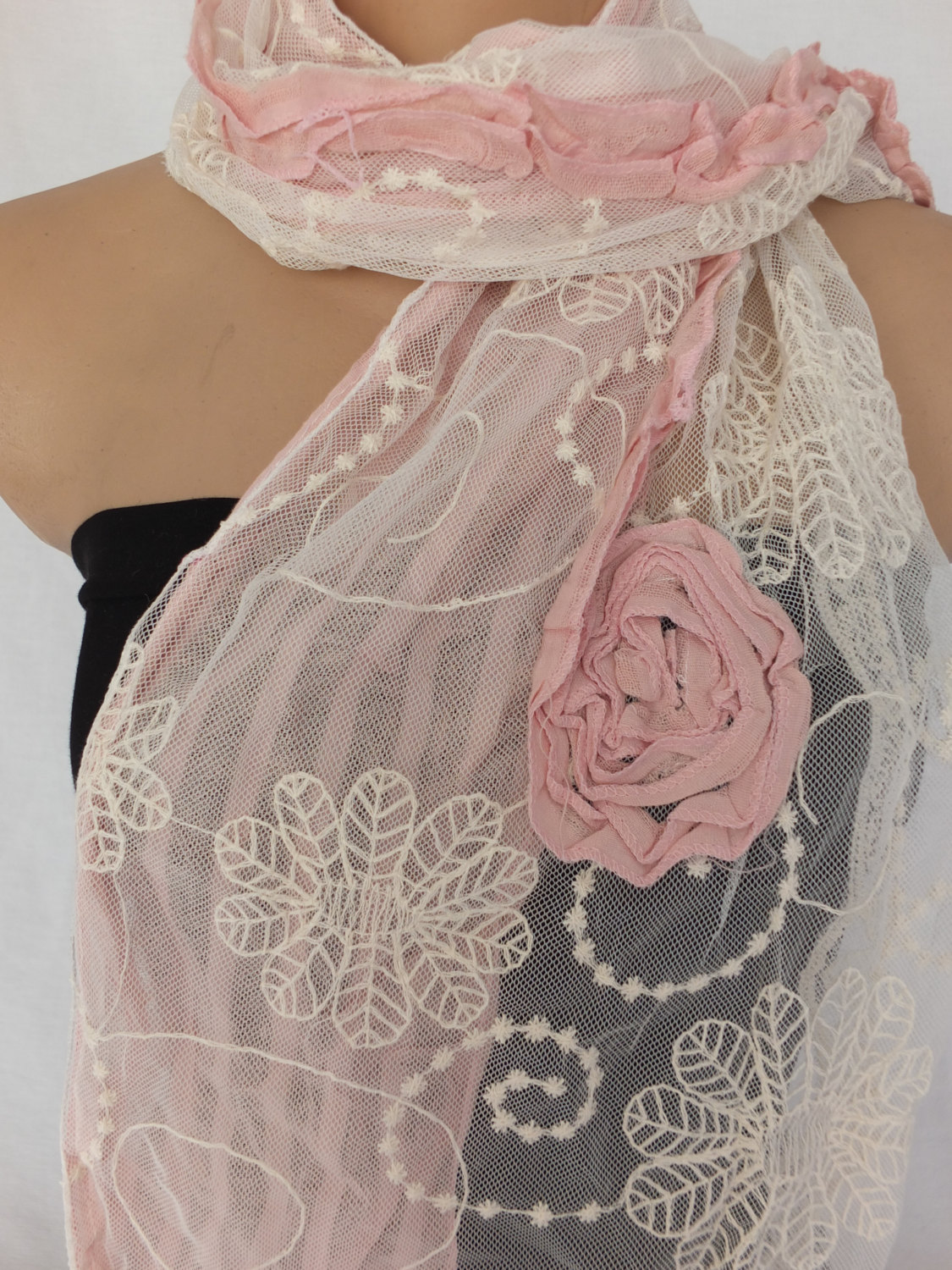 Embroidery Tulle And Cotton Scarf, Pale Pink And Cream Scarf, Womans Fashipn Scarf, Long Scarf Shawl, Gift For Her