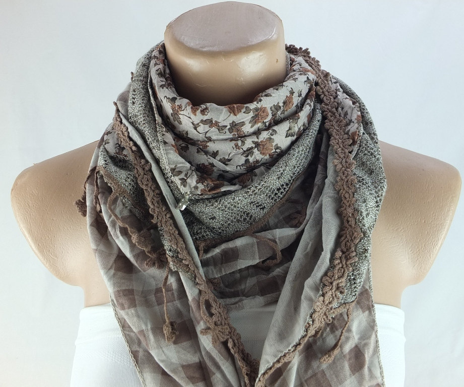 Three Layer Scarf, Brown Floral Scarf Shawl, Multicolor Cowl, Stole, Capelet , Shrug ,fashion Winter Scarf, Gift For Her