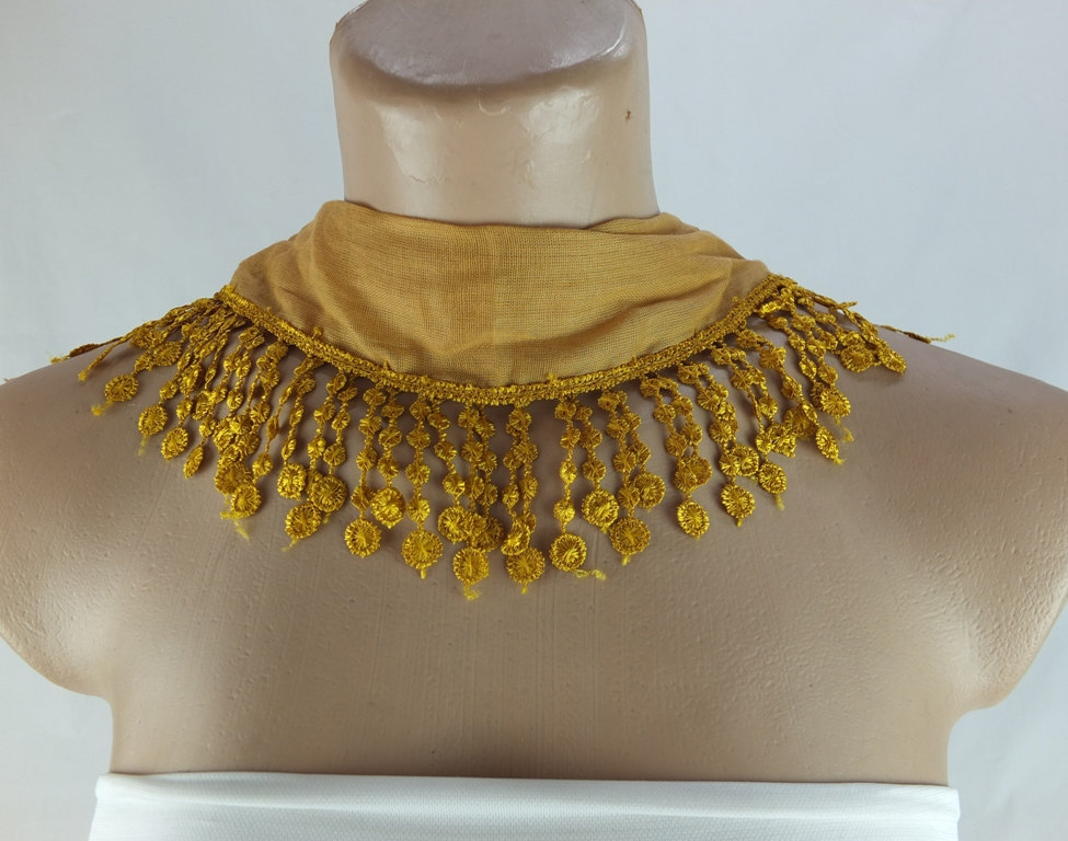 Ochre Yellow Scarf, Lace Trim Scarf ,cotton Scarf,cowl With Polyester Trim,neckwarmer, Foulard,navy Blue Scarflette,christmas Gift For Her