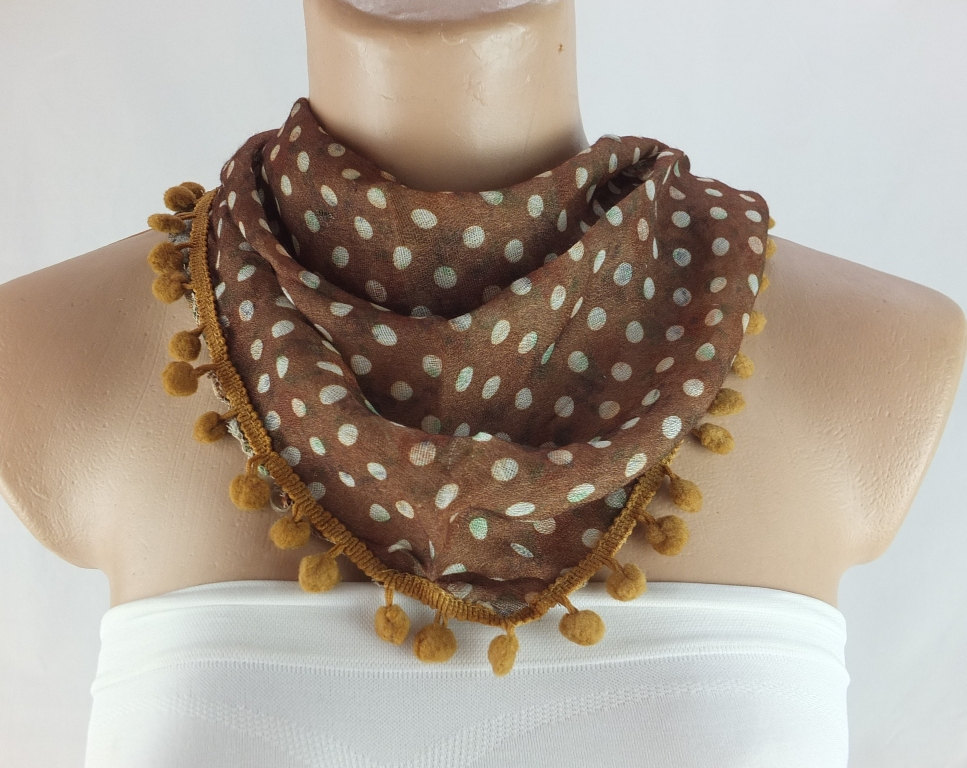 Brown Scarf , Cotton Scarf With Pompom Trim, Brown Cowl, Polka Dots Triangle Scarf Shawl, Gift Ideas For Her