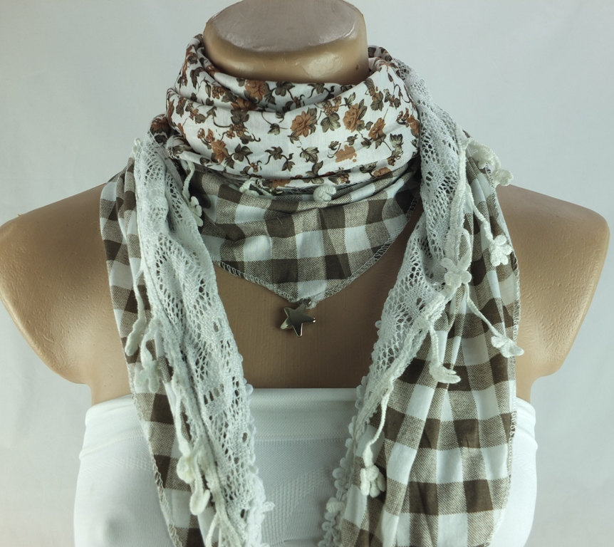 Three Layer Scarf, Floral Scarf Shawl, Multicolor Cowl, Brown And Cream Stole, Capelet , Shrug ,fashion Winter Scarf, Gift For Her
