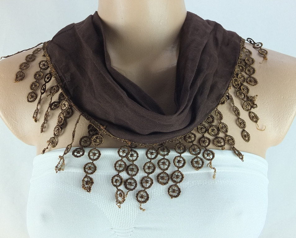 Brown Cotton Scarf, Cowl With Polyester Trim,neckwarmer, Scarf Necklace, Foulard,scarflette,womens Scarves, Christmas Gift Ideas For Her