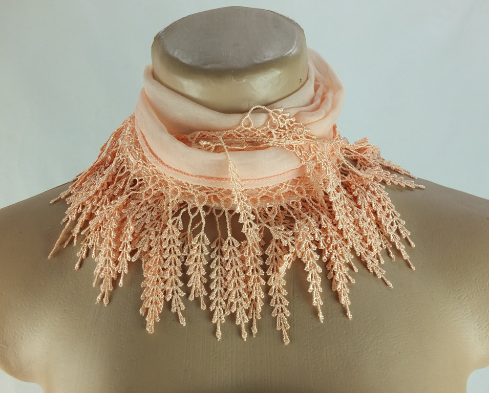 Peach salmon scarf , lace trim scarf, fringed scarf, Cotton foulard, Neck scarf, cotton foulard, gift ideas for her