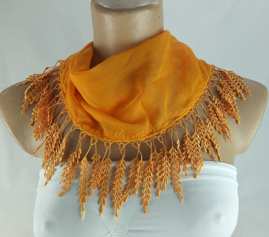 Light Orange Scarf , Lace Trim Scarf, Fringed Scarf, Cotton Foulard, Neck Scarf, Cotton Foulard, Gift Ideas For Her