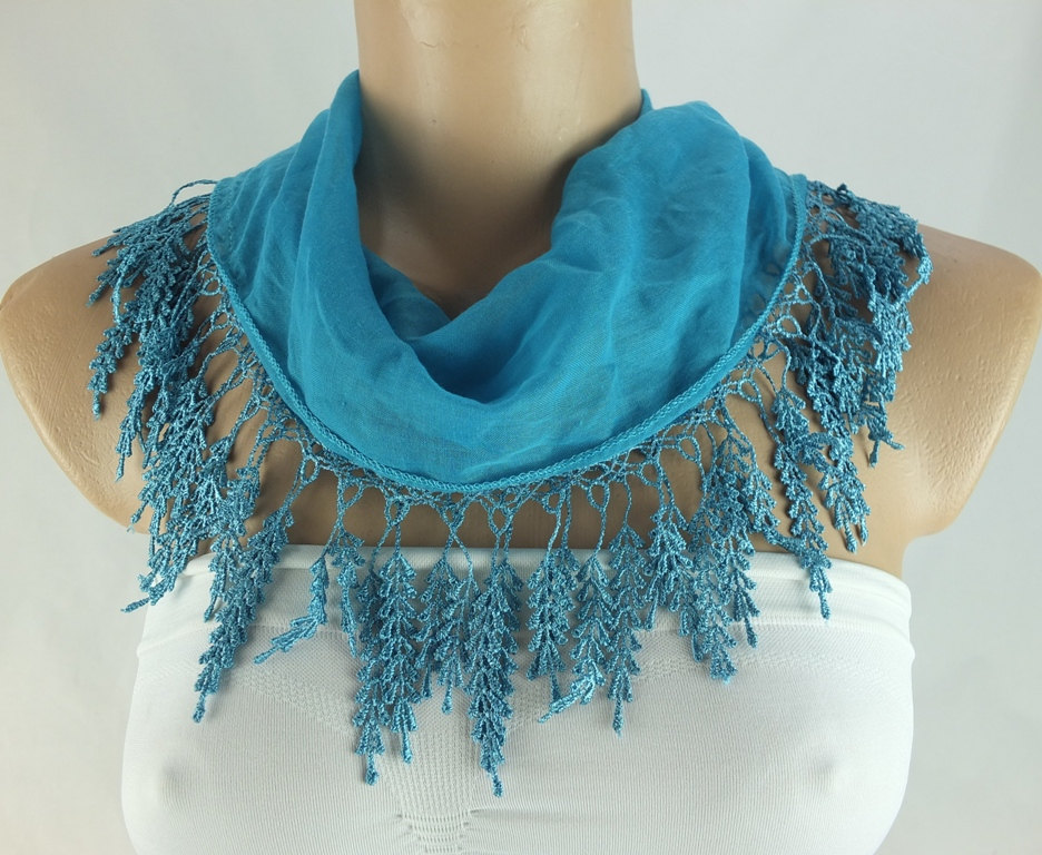 Blue-green fringed scarf , lace trim scarf, fringed scarf, Cotton foulard, Neck scarf, cotton foulard, gift ideas for her