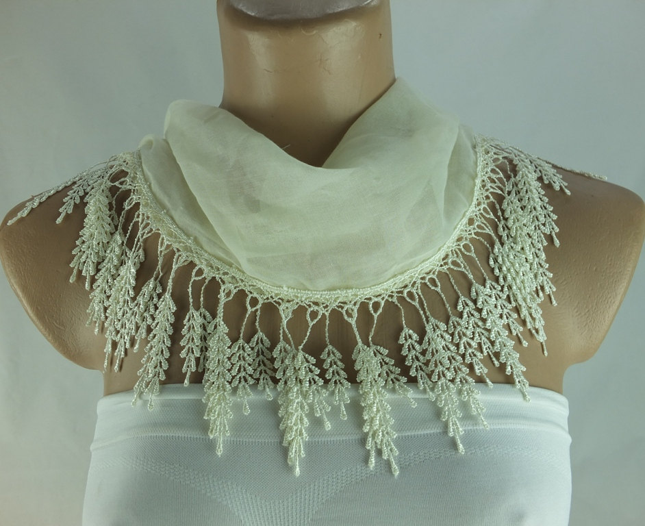 Cream Color Scarf , Lace Trim Scarf, Blue Fringed Scarf, Cotton Foulard, Cotton Foulard, Gift Ideas For Her,bridesmate Gift