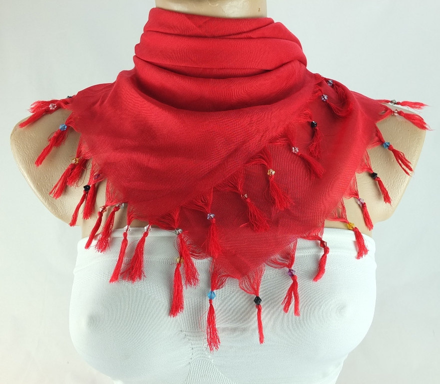 Red Scarf With Cyrstal Beads, Square Head Scarf,traditional Turkish Scarf Shawl, Fabric Shawl, Christmas Gift For Her,
