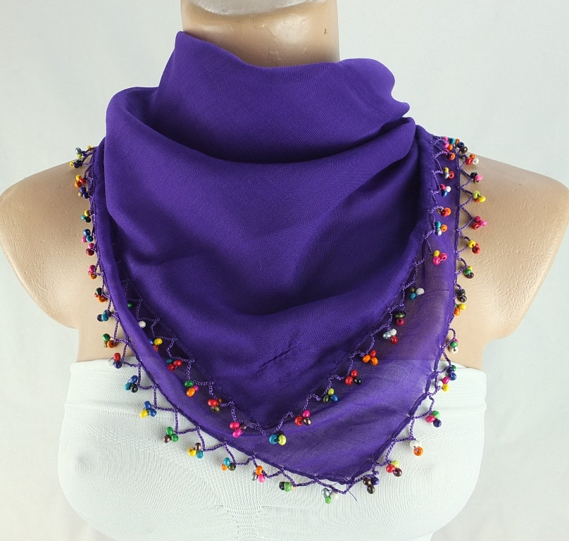 Womens Headscarf , Crochet Bead Trim Scarf, Dark Purple Scarf, Fabric Shawl, Christmas Gift For Her