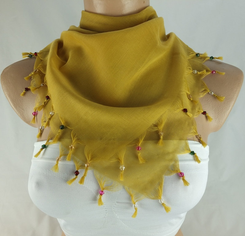 Womens Head Scarf With Cyrstal Bead Edges ,mustard Yellow Scarf, Square Scarf, Turkish Scarf Shawl, Fabric Shawl, Christmas Gift For Her,