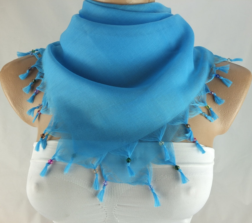 Womens Head Scarf With Cyrstal Bead Edges , Light Blue Scarf, Square Scarf, Turkish Scarf Shawl, Fabric Shawl, Christmas Gift For Her,