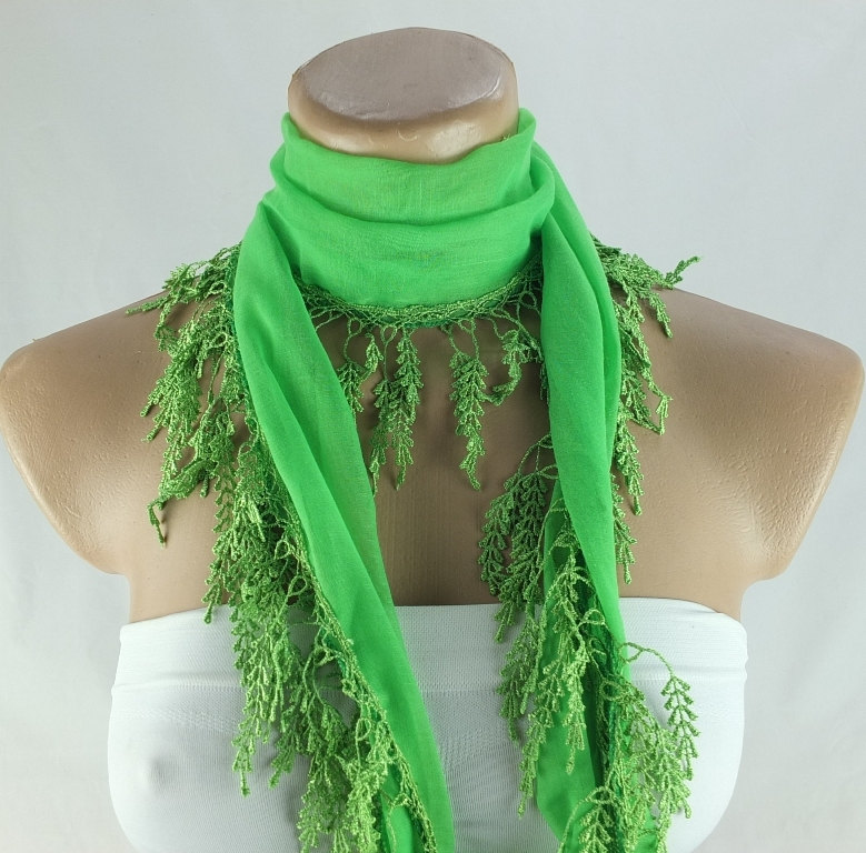 Neon green scarf , lace trim scarf, green fringed scarf, Cotton foulard, Coral blue scarf , cotton foulard, gift ideas for her