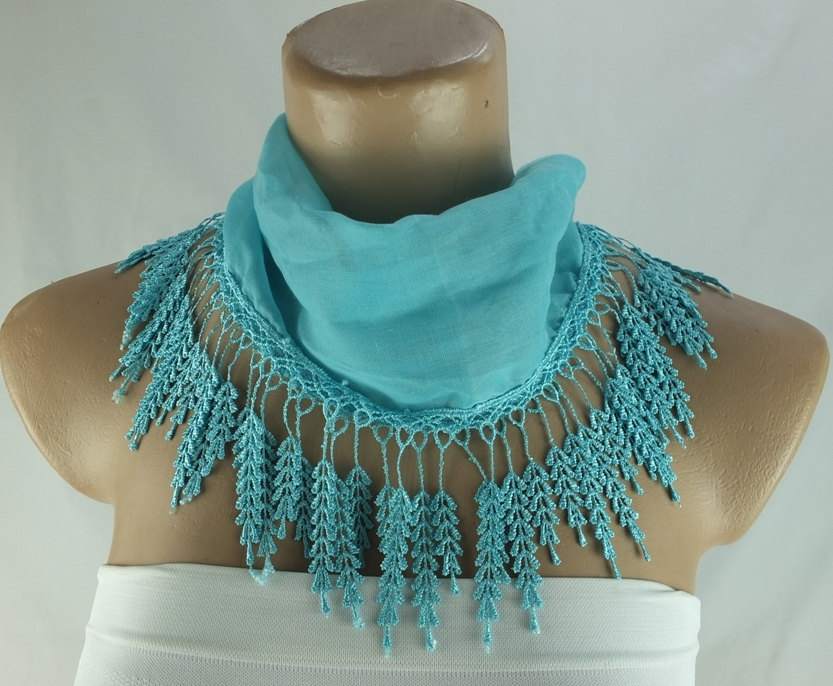 Light Blue Scarf , Lace Trim Scarf, Coral Blue Fringed Scarf, Cotton Foulard, Coral Blue Scarf , Cotton Foulard, Gift Ideas For Her