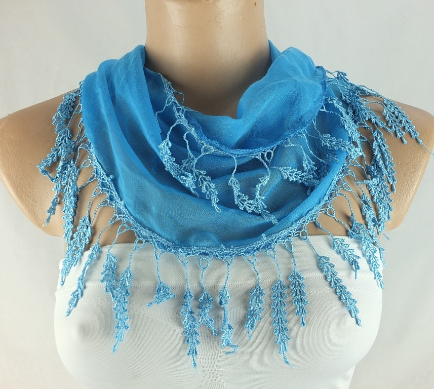 Blue Fringed Scarf , Lace Trim Scarf, Fringed Scarf, Cotton Foulard, Neck Scarf, Cotton Foulard, Gift Ideas For Her