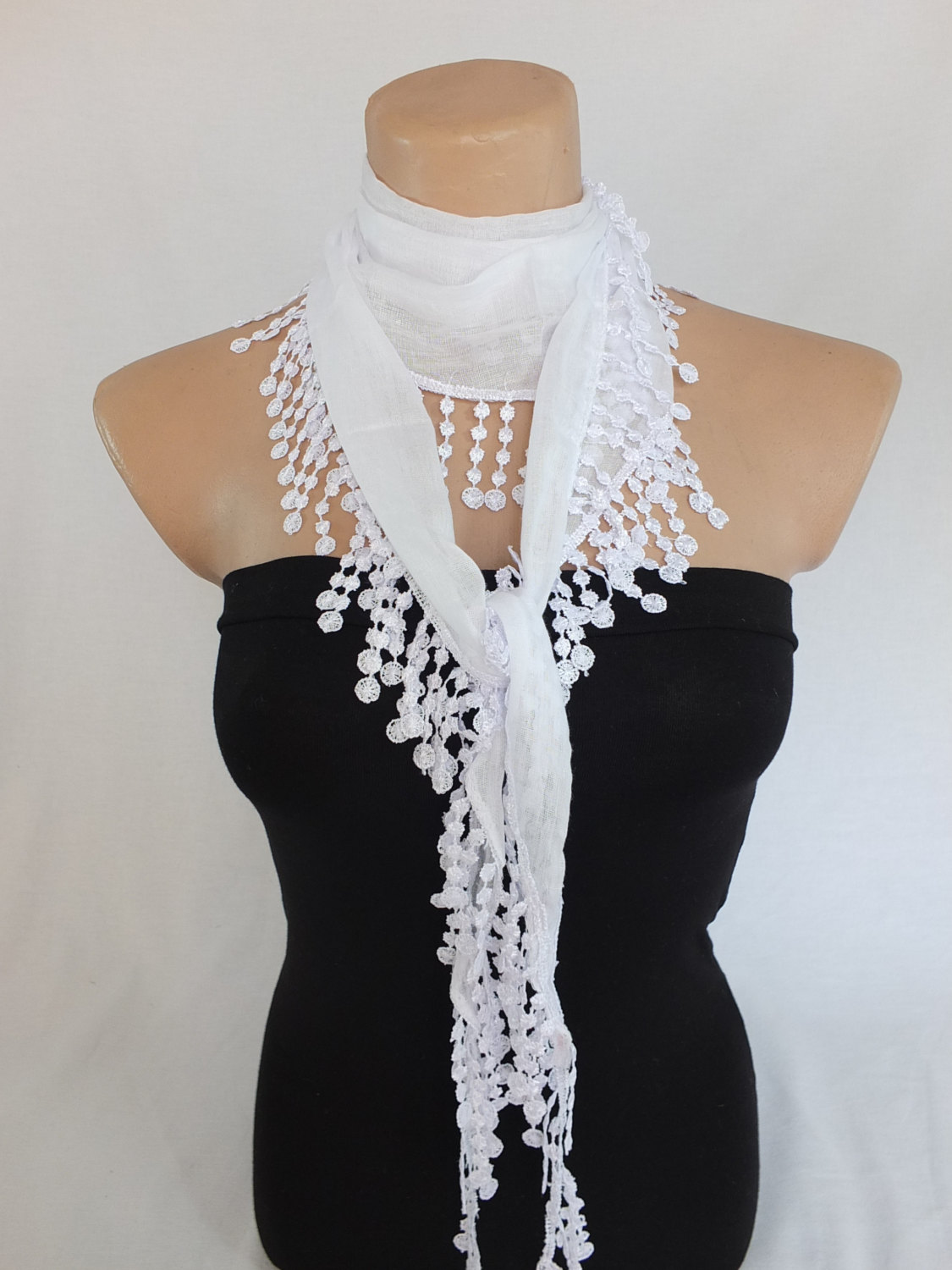 White Scarf, Fringed Scarf, Cotton Scarf, Cowl With Polyester Trim,neckwarmer, Scarf Necklace, Foulard,scarflette,