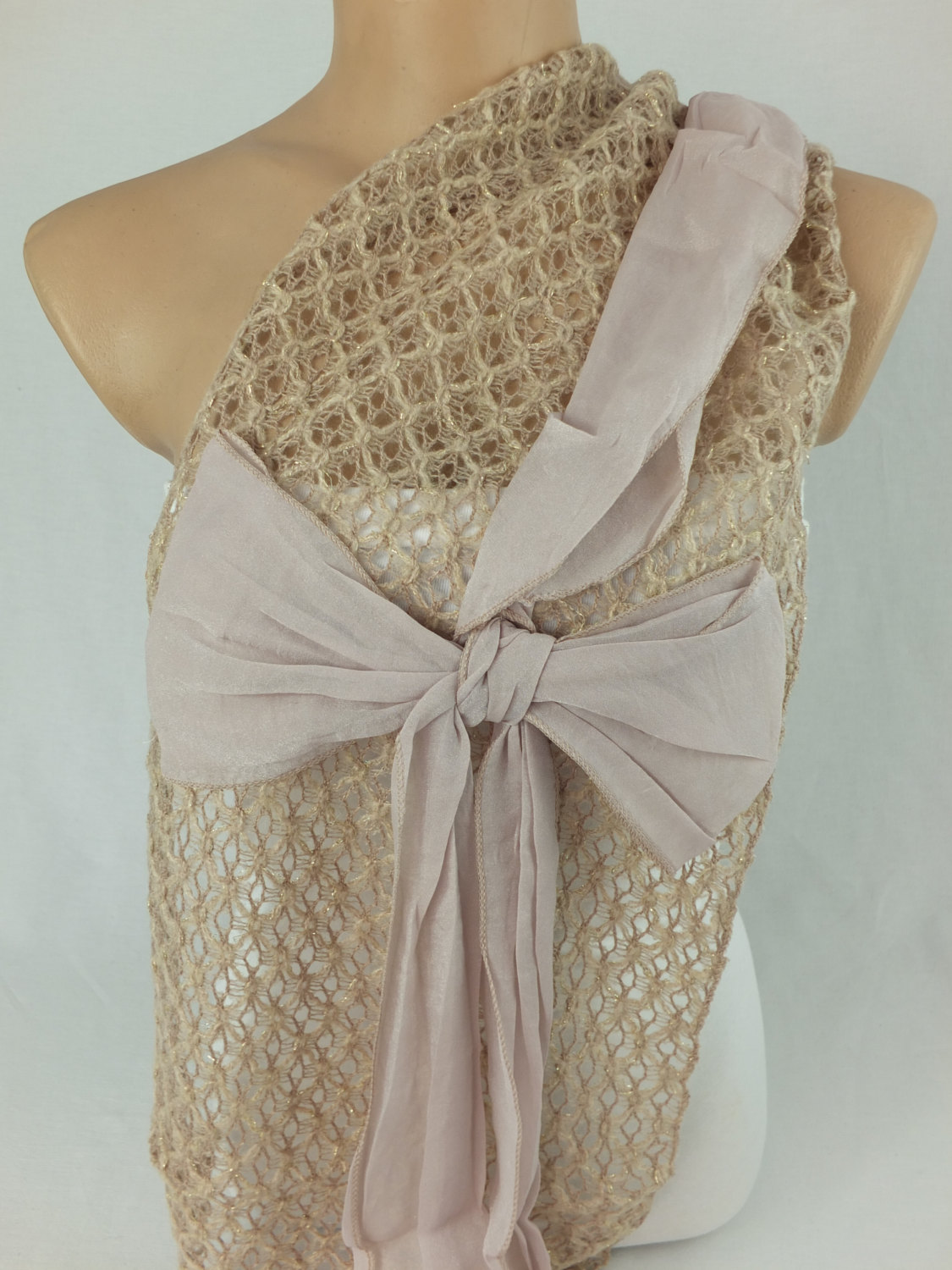 Ecru- Tan Scarf Shawl, Bow Tie Scarf,knit Fabric And Chiffon Scarf, Elegant Woman Scarf, Christmas Gift, Gift For Her