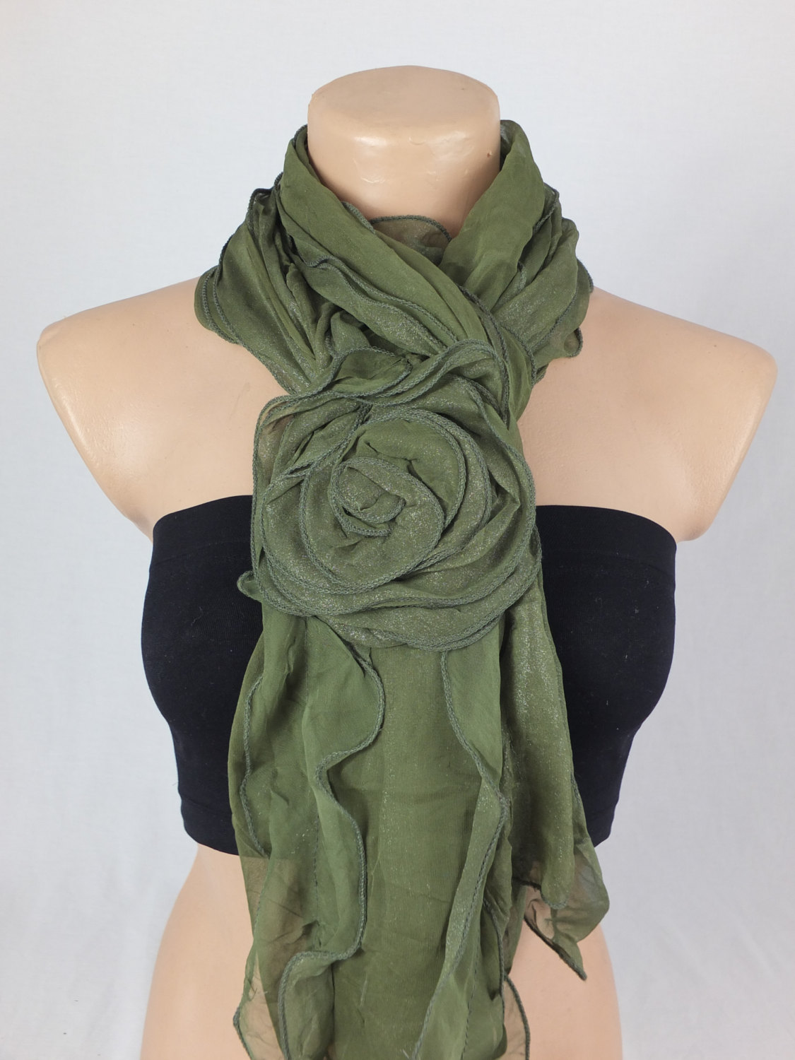 Green Scarf Shawl , 3d Rose Scarf Shawl, Ruffle Woman Scarf, Christmas Gift, Gift For Her