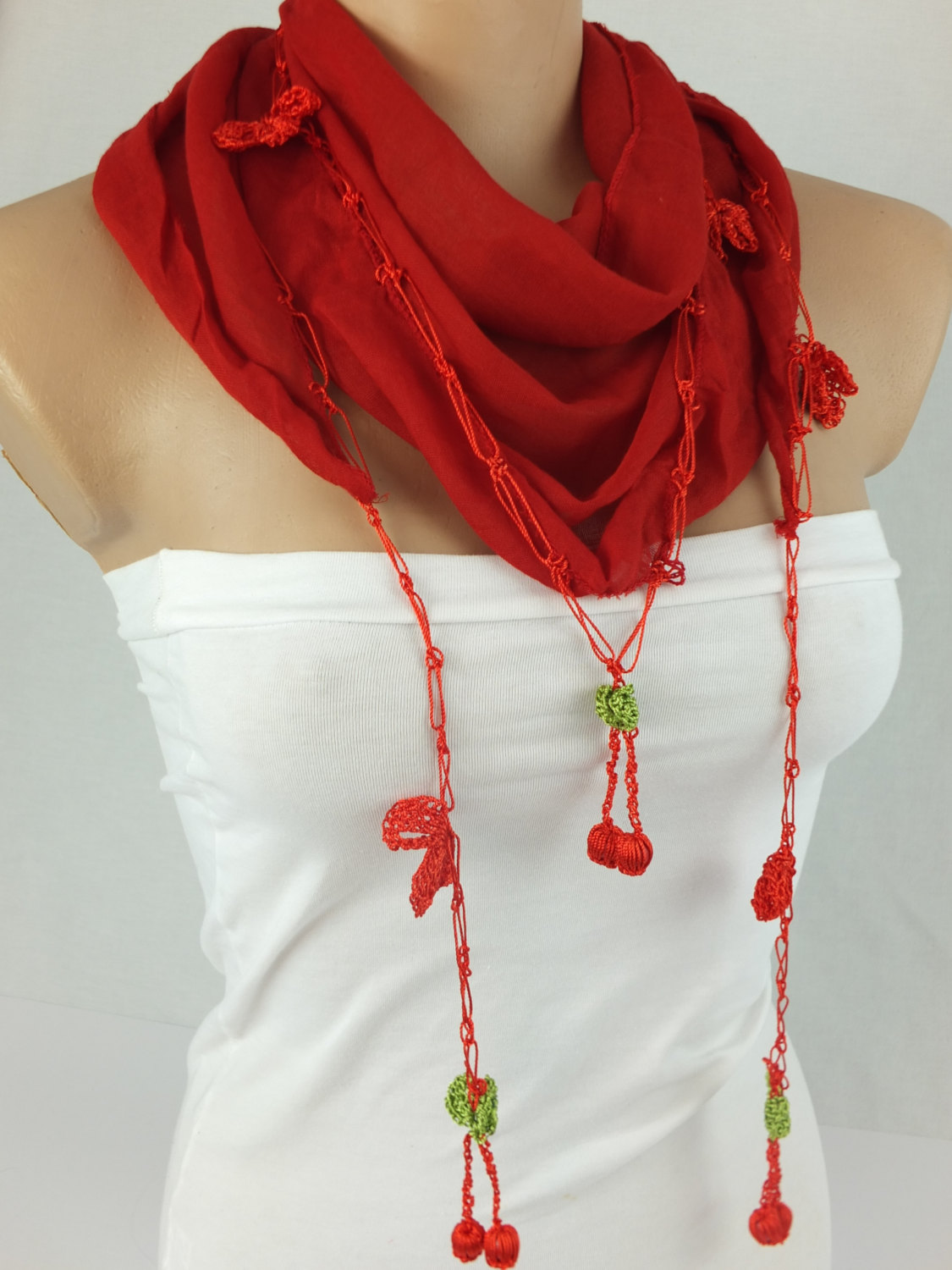 Red Scarf ,cotton Scarf With Hand Crochet Edges , Turkish Oya Scarf,scarf Necklace, Foulard,scarflette,christmas Gift