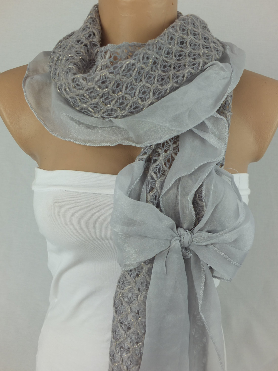 Gray Scarf Shawl, Bow Tie Scarf,knit Fabric And Chiffon Scarf, Elegant Woman Scarf, Christmas Gift, Gift For Her