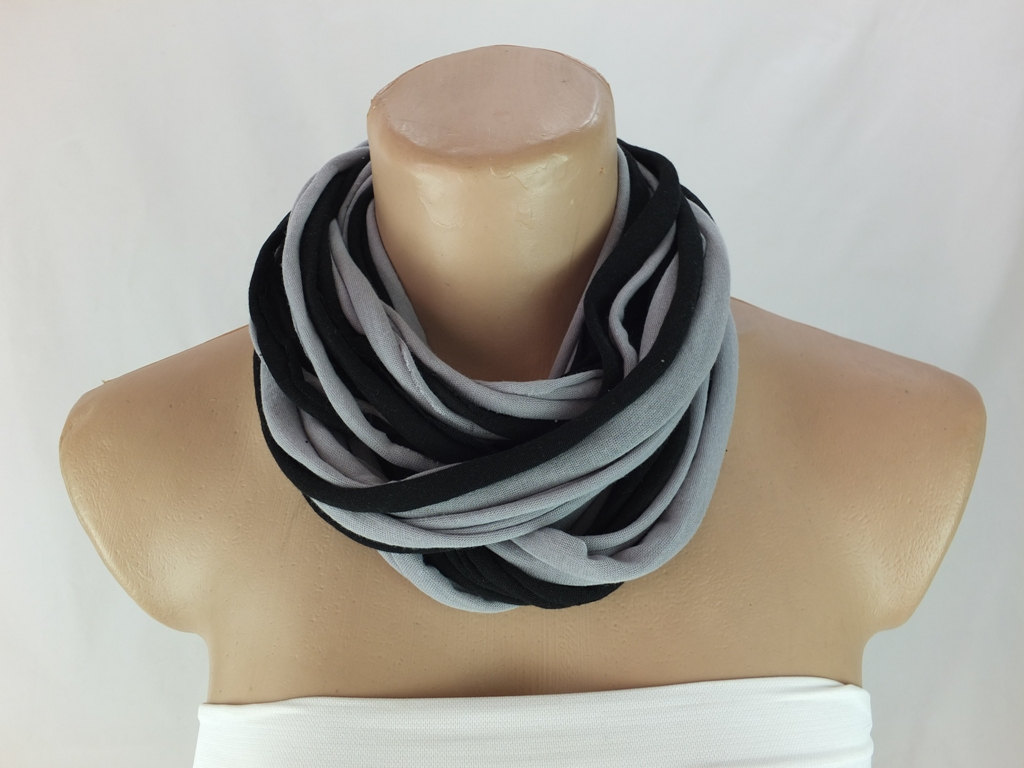 Black And Gray Infinity Scarf, Long Ring Scarf, Fabric Necklace, Scarf Necklace, Gift Ideas For Her , Chunky Tshirt Scarf