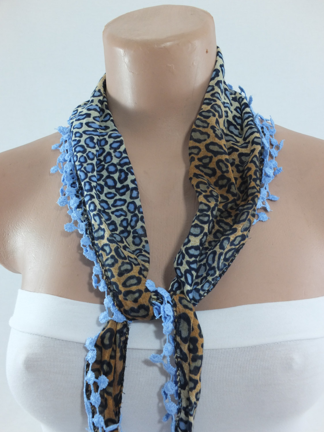Leopard Print Scarf , Blue-brown Cotton Scarf, Woman Fashion Scarf, Cowl With Flower Lace Trim,neckwarmer, Foulard,gift Fo