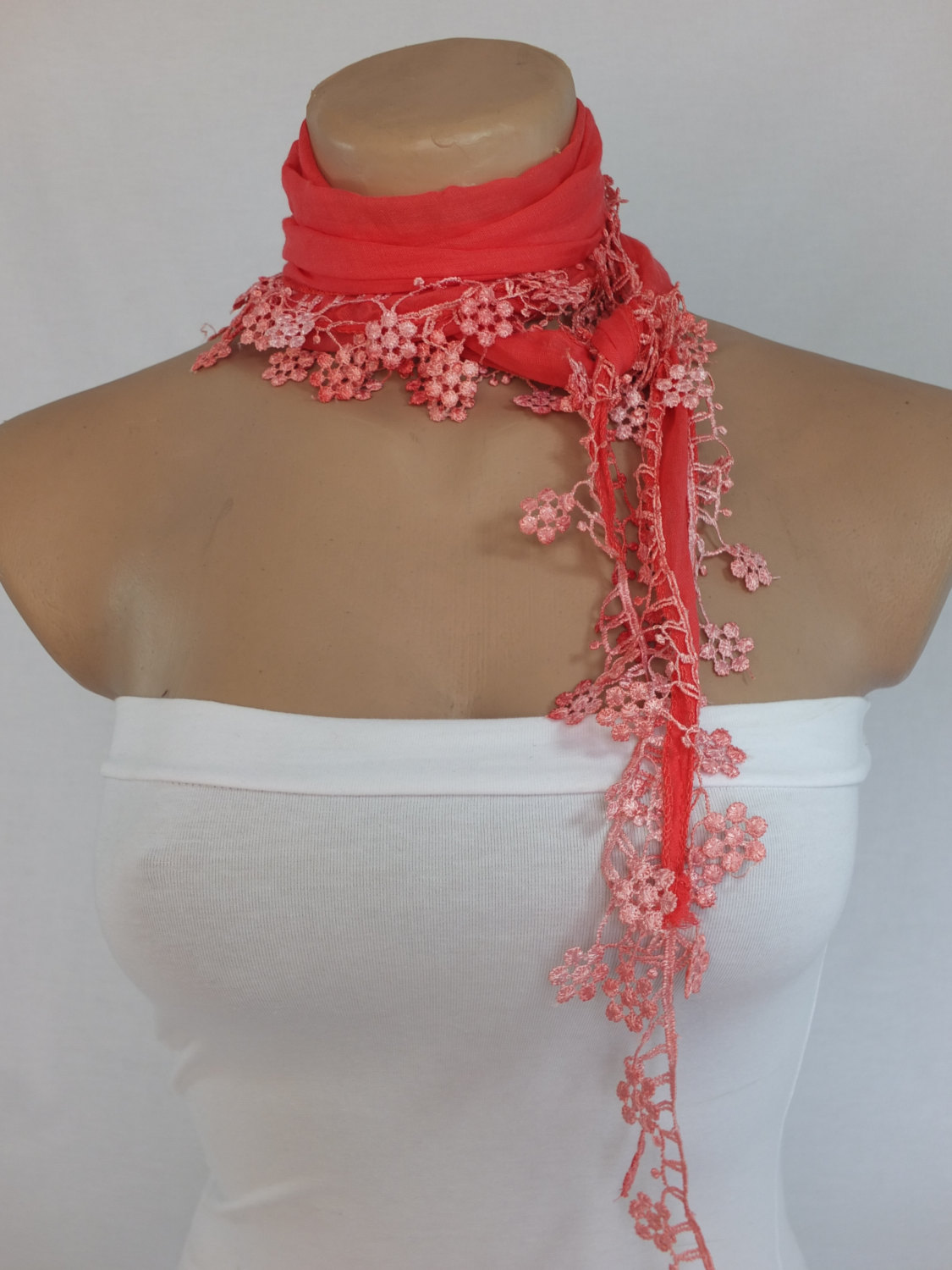 Pink-salmon cotton scarf, woman fashion scarf, cowl with flower lace trim,women accessory,neckwarmer, scarf necklace, foulard,scarflette,