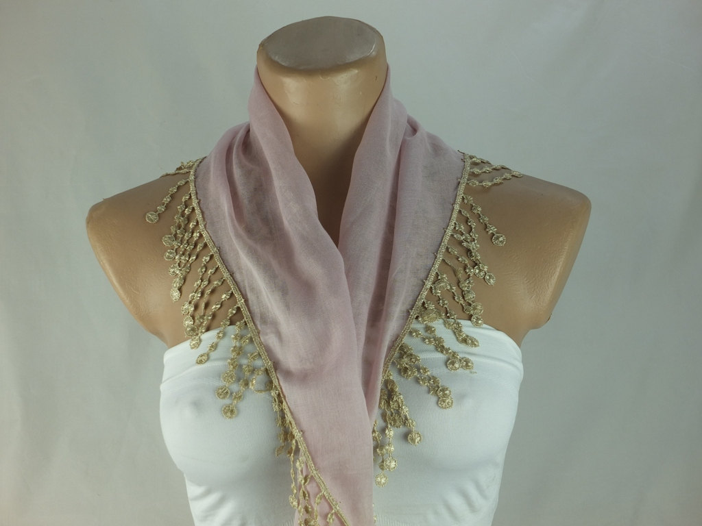 Powder pink scarf, cotton scarf, cowl with polyester trim, Cotton neckwarmer, scarf necklace, womens foulard,scarflette, Christmast gift