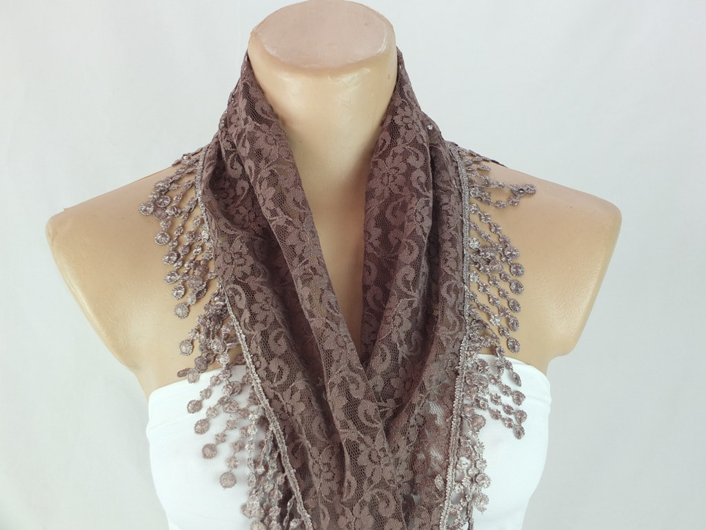 Light brown lace scarf , black cowl with lace trim,summer scarf, neck scarf, foulard,scarflette,bandana