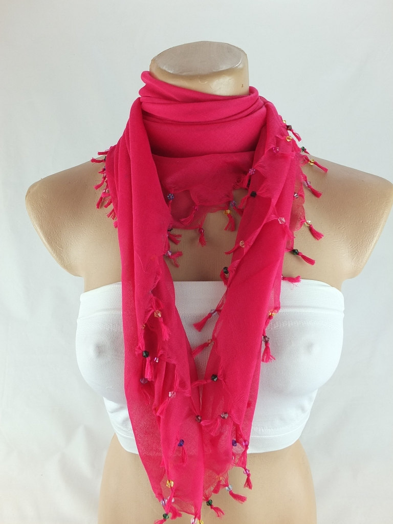 Fuchsia Scarf With Cyrstal Beads, Square Head Scarf,traditional Turkish Scarf Shawl, Fabric Shawl, Christmas Gift For Her,