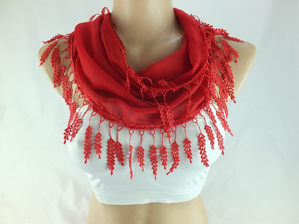 Red Scarf , Lace Trim Scarf, Fringed Scarf, Cotton Foulard, Neck Scarf, Cotton Foulard, Gift Ideas For Her