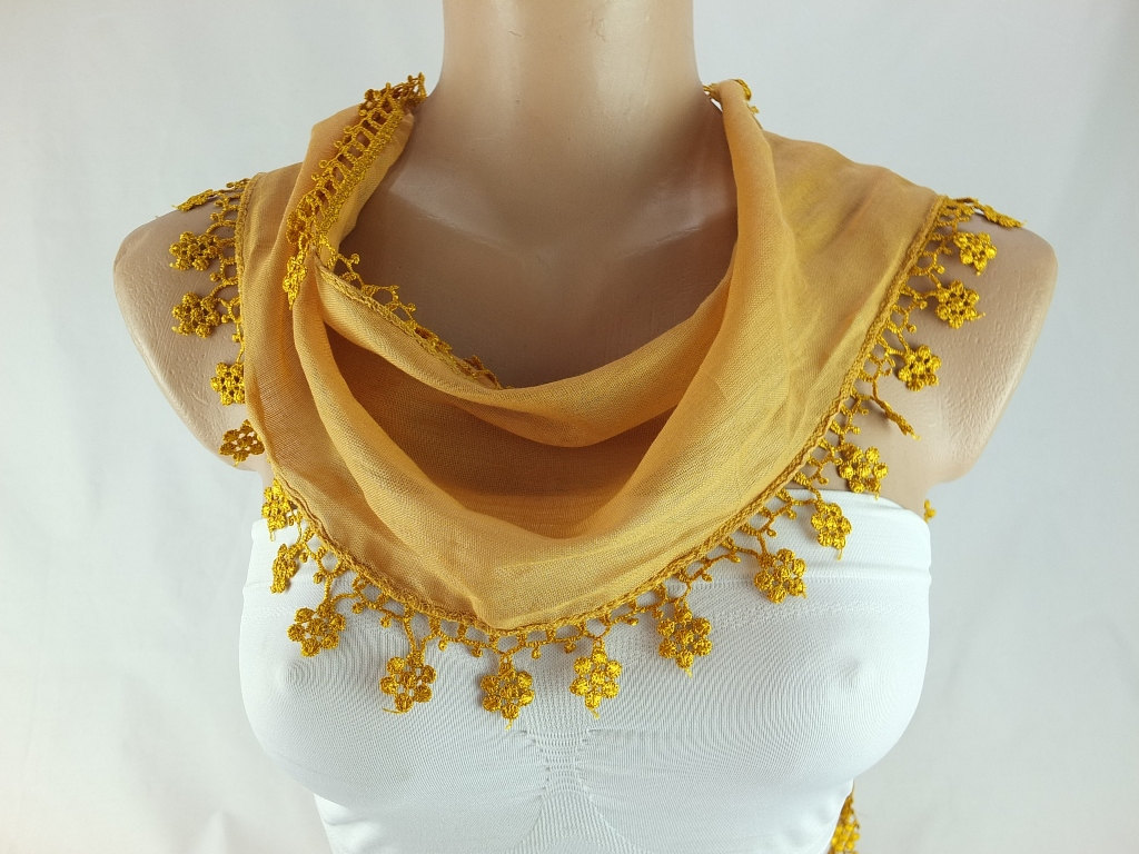 Ochre Yellow Scarf, Fringed Cotton Scarf , Cowl With Lace Flower Trim,neckwarmer, Scarf Necklace, Bridesmate Gift, Foulard,scarflette,