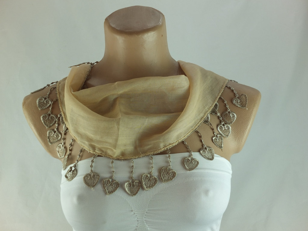 Camel-beige Cotton Scarf, Cowl With Heart Trim,neckwarmer, Scarf Necklace, Foulard,scarflette,womens Scarves, Christmas Gift Ideas For Her