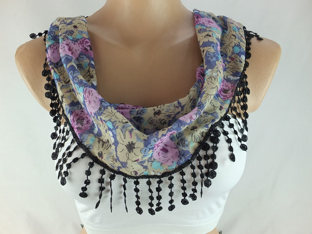 Floral scarf, fringed cotton scarf , cowl with lace trim,neckwarmer, scarf necklace, bridesmate gift, foulard,scarflette,