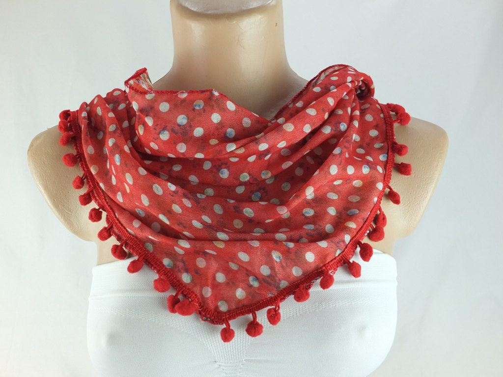 Red Scarf , Cotton Scarf With Pompom Trim, Green Cowl, Polka Dots Triangle Scarf Shawl, Gift Ideas For Her