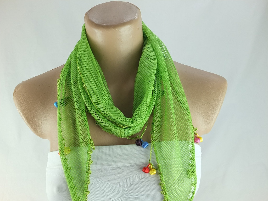 Neon green scarf , cowl with crochet edges, summer scarf, neck scarf, foulard,scarflette,bandana, hot pink scarf, gift ideas for her