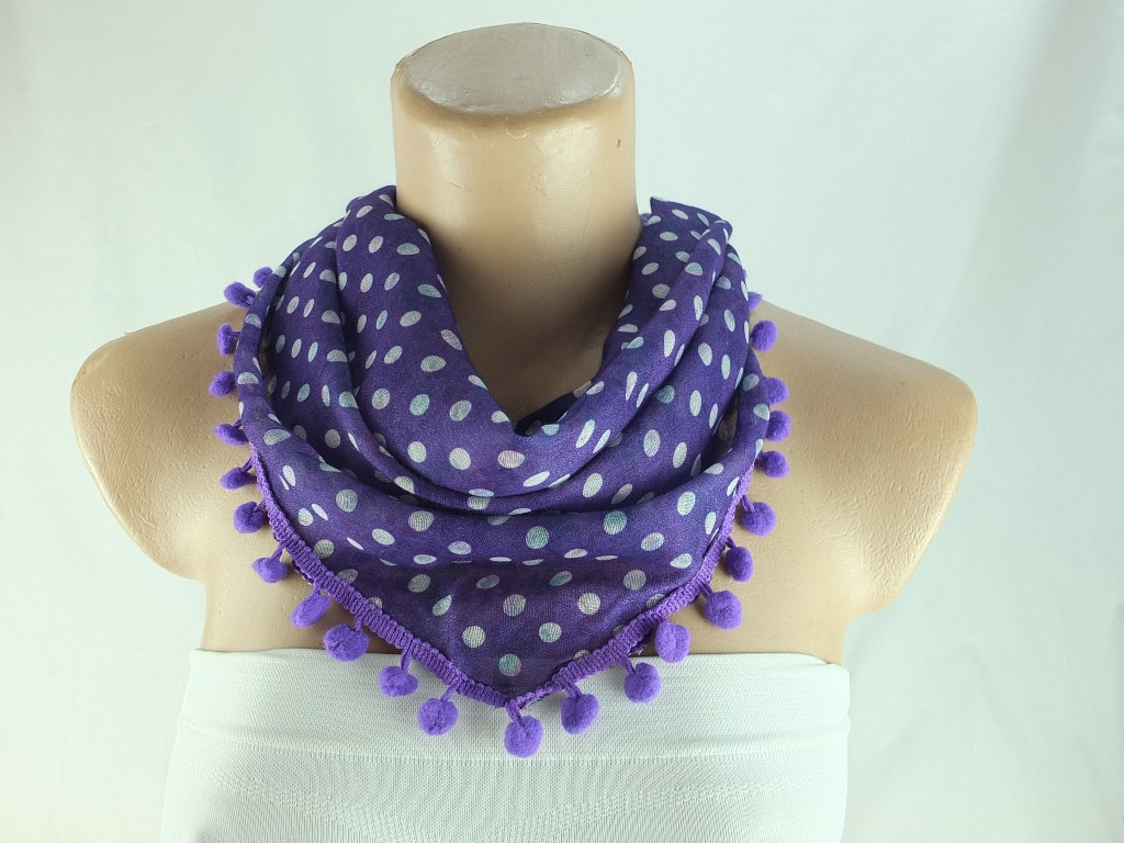 Purple Scarf , Cotton Scarf With Pompom Trim, Purple Cowl, Polka Dots Triangle Scarf Shawl, Gift Ideas For Her