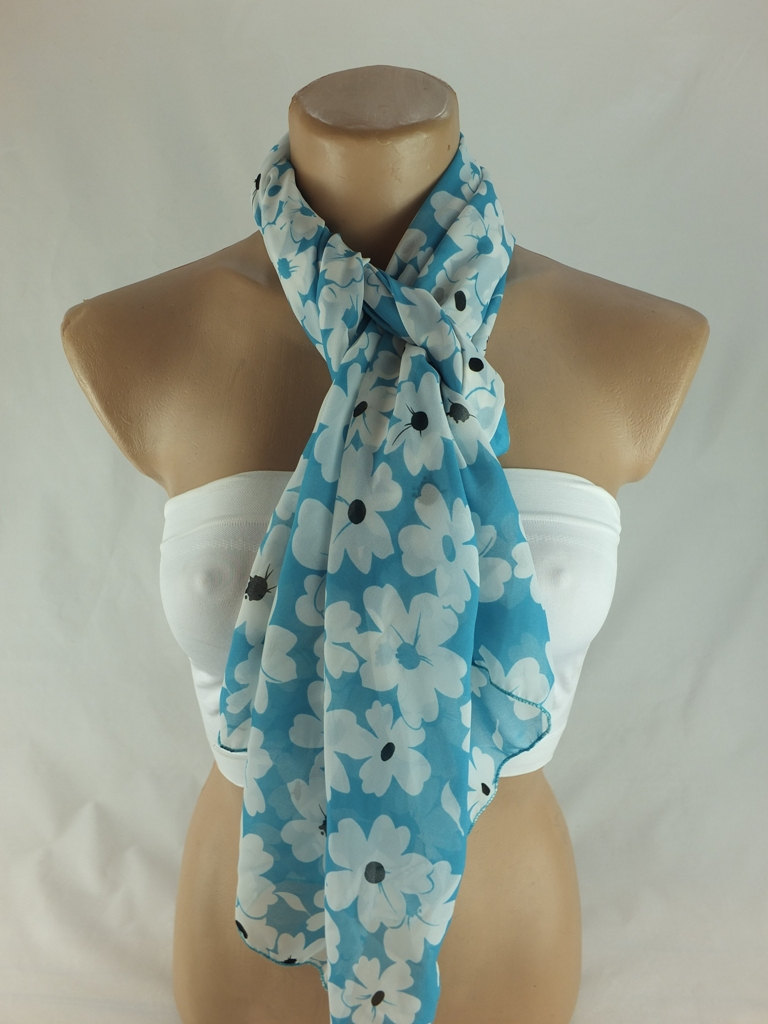 Blue-turquoise Floral Scarf Shawl, Long Scarf, Fabric Shawl , Rectangle Shawl , Beach Wrap , Gift Ideas For Her